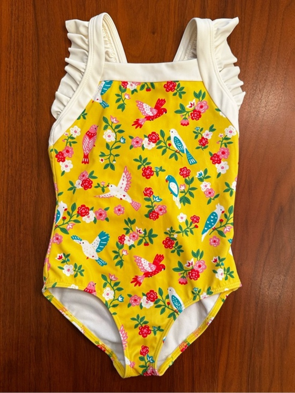 Mini Boden Yellow Floral & Bird One Piece Swimsuit with White Ruffle Straps